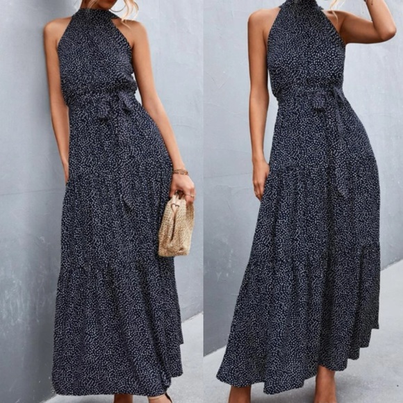 Boho polka dot halter belted maxi dress - Picture 3 of 9